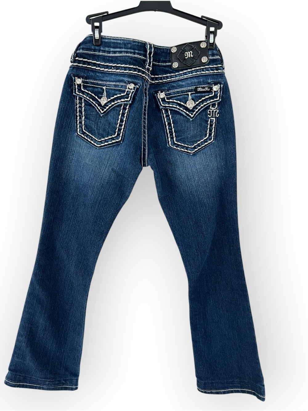 Miss Me Bootcut Jeans Size 27 Dark Wash White Stitch Rhinestone Y2K